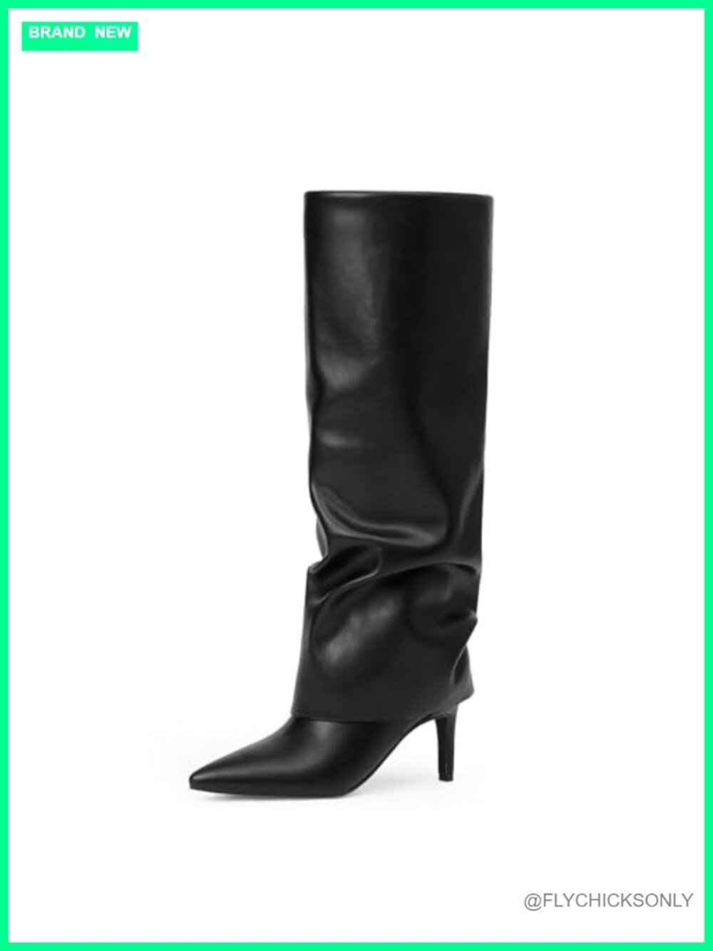 Fold Over Knee High Boots Faux Leather Stiletto Heel Wide Calf
